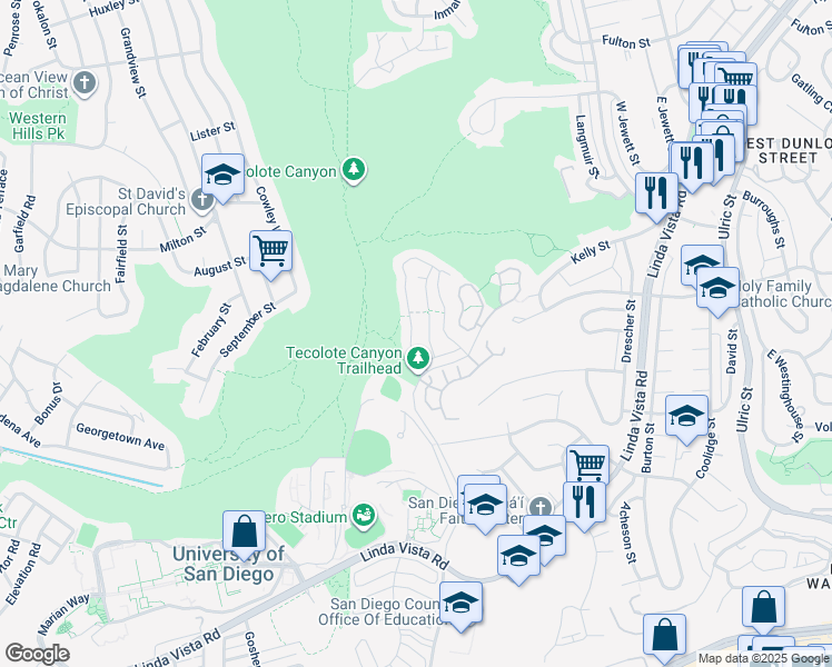 map of restaurants, bars, coffee shops, grocery stores, and more near 6193 Caminito Del Oeste in San Diego