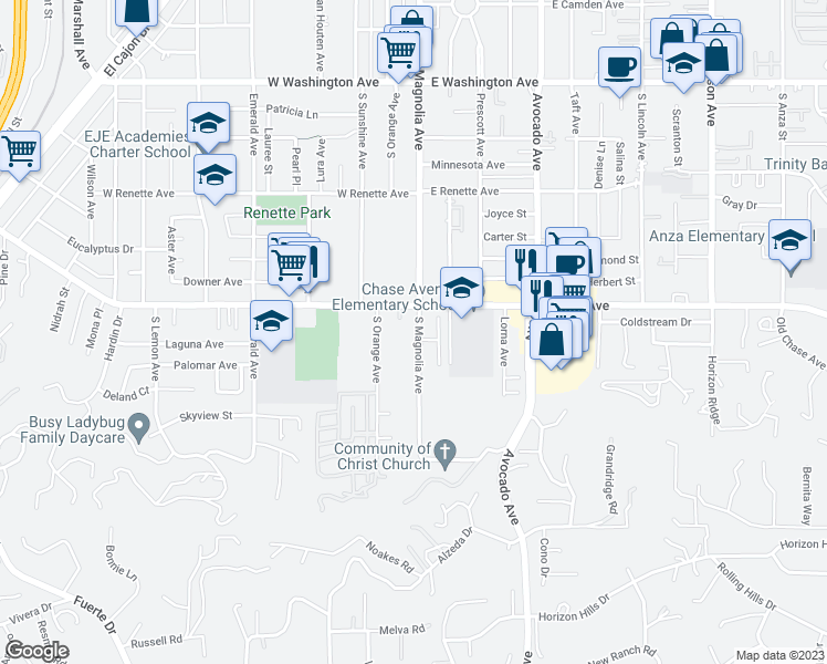map of restaurants, bars, coffee shops, grocery stores, and more near 1130 South Magnolia Avenue in El Cajon