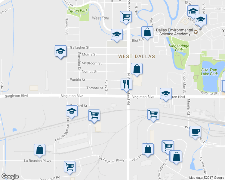 map of restaurants, bars, coffee shops, grocery stores, and more near 3418 Toronto Street in Dallas