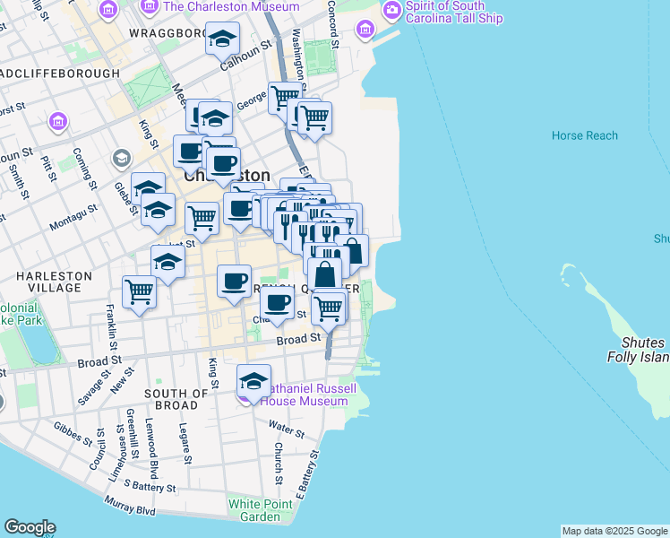 map of restaurants, bars, coffee shops, grocery stores, and more near 191 East Bay Street in Charleston