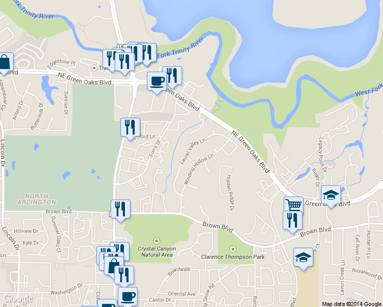 map of restaurants, bars, coffee shops, grocery stores, and more near 2705 Laurel Valley Lane in Arlington