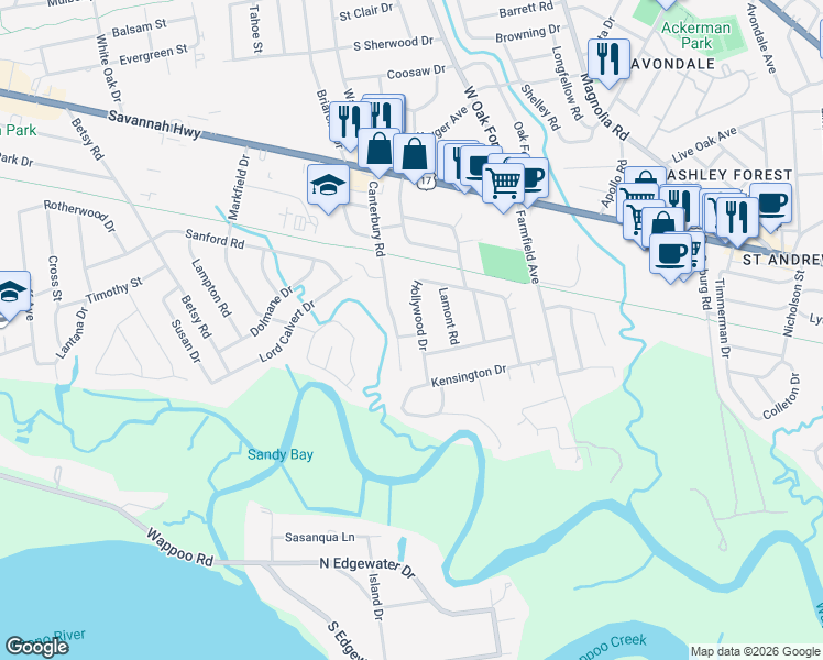 map of restaurants, bars, coffee shops, grocery stores, and more near 318 Hollywood Drive in Charleston