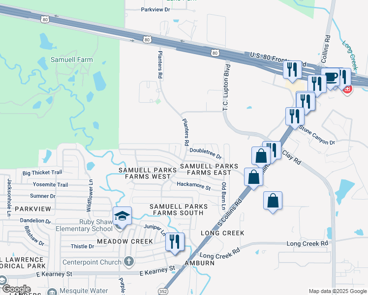 map of restaurants, bars, coffee shops, grocery stores, and more near 1325 Planters Road in Mesquite