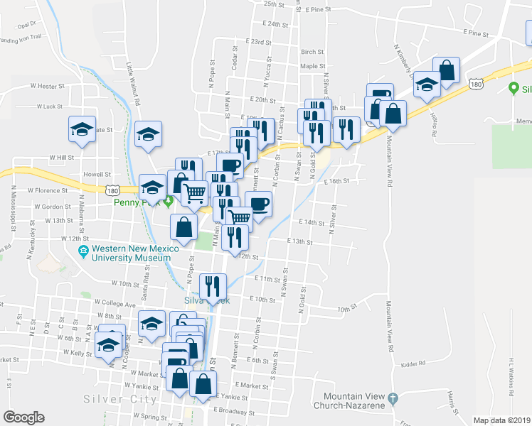 map of restaurants, bars, coffee shops, grocery stores, and more near 417 East 14th Street in Silver City