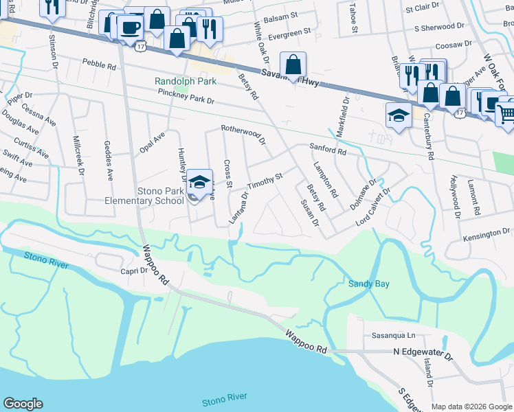 map of restaurants, bars, coffee shops, grocery stores, and more near 327 McClain Street in Charleston