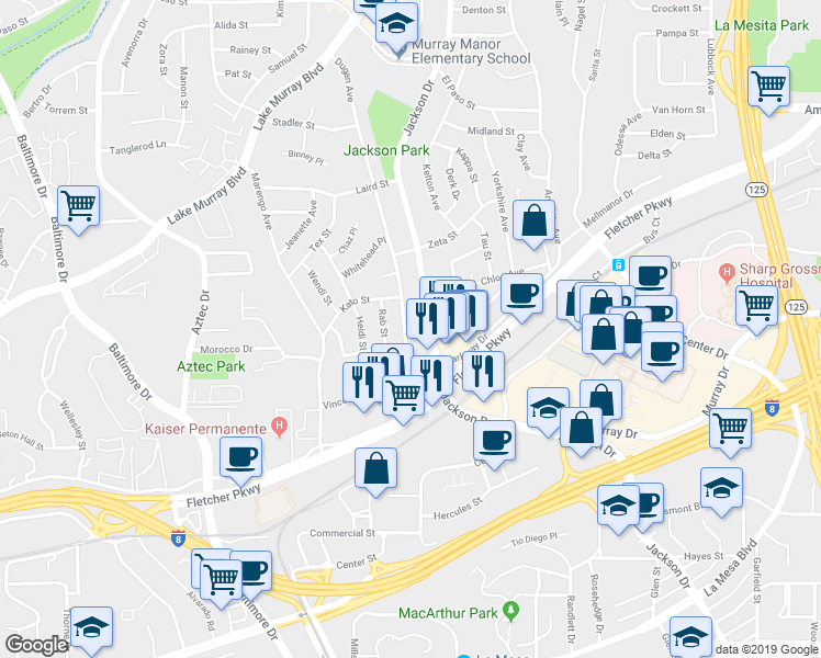 map of restaurants, bars, coffee shops, grocery stores, and more near 5535 Dugan Avenue in La Mesa