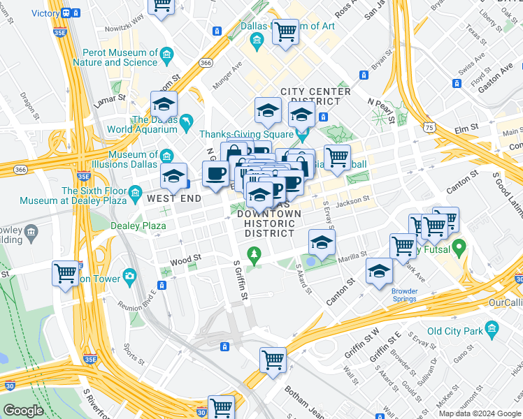 map of restaurants, bars, coffee shops, grocery stores, and more near Commerce St & S Field St in Dallas