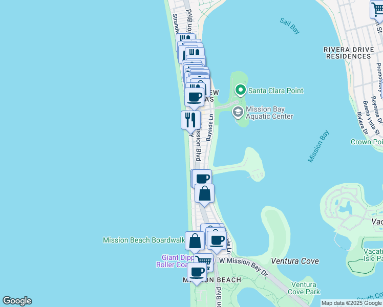 map of restaurants, bars, coffee shops, grocery stores, and more near 3561 Ocean Front Walk in San Diego