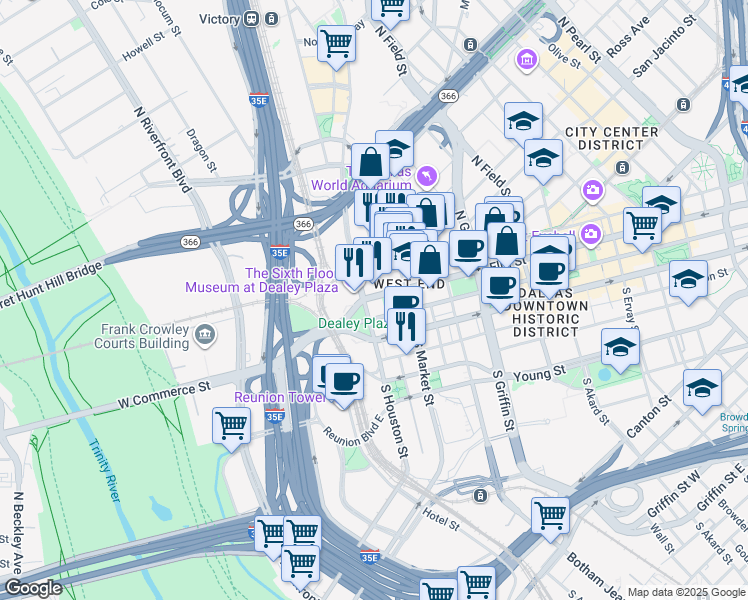 map of restaurants, bars, coffee shops, grocery stores, and more near 502 Elm Street in Dallas