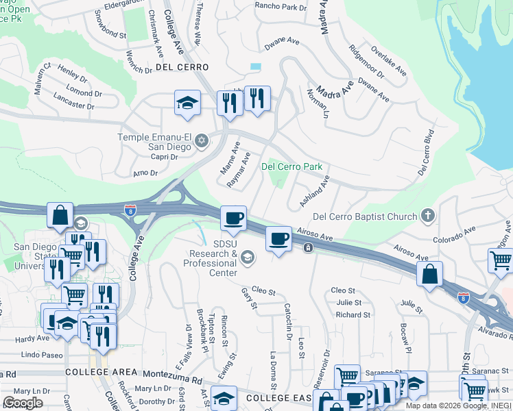 map of restaurants, bars, coffee shops, grocery stores, and more near 5615 Del Cerro Avenue in San Diego