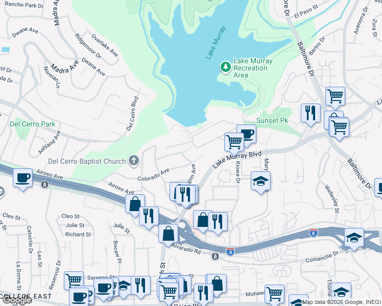 map of restaurants, bars, coffee shops, grocery stores, and more near 7009 Wyoming Avenue in La Mesa