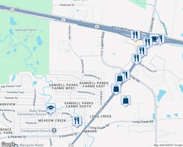map of restaurants, bars, coffee shops, grocery stores, and more near 1631 Doubletree Drive in Mesquite