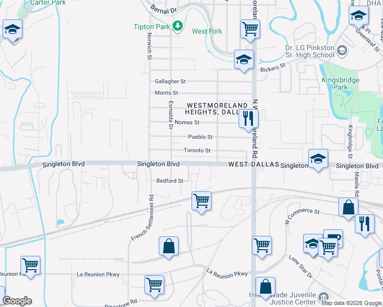 map of restaurants, bars, coffee shops, grocery stores, and more near 3552 Toronto Street in Dallas