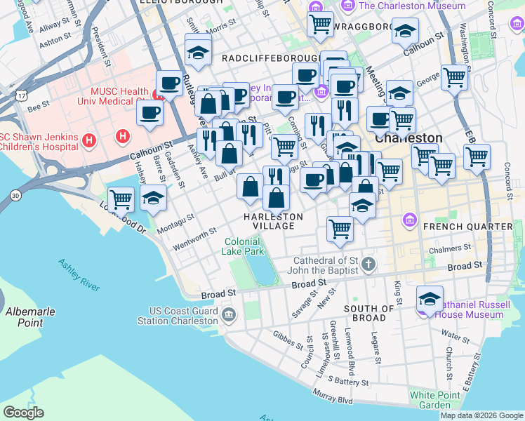 map of restaurants, bars, coffee shops, grocery stores, and more near 159 Wentworth Street in Charleston