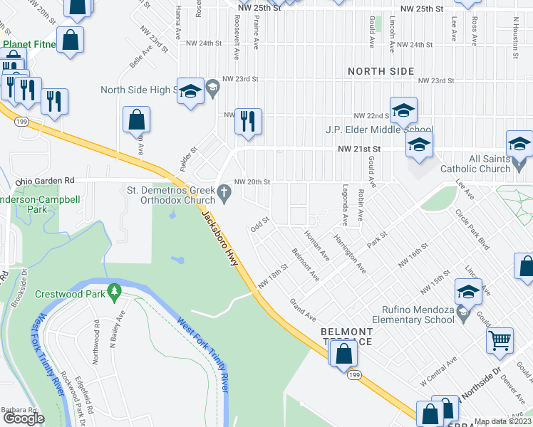 map of restaurants, bars, coffee shops, grocery stores, and more near 1907 Belmont Avenue in Fort Worth