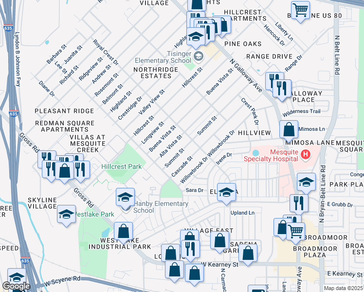 map of restaurants, bars, coffee shops, grocery stores, and more near 1420 Summit Street in Mesquite