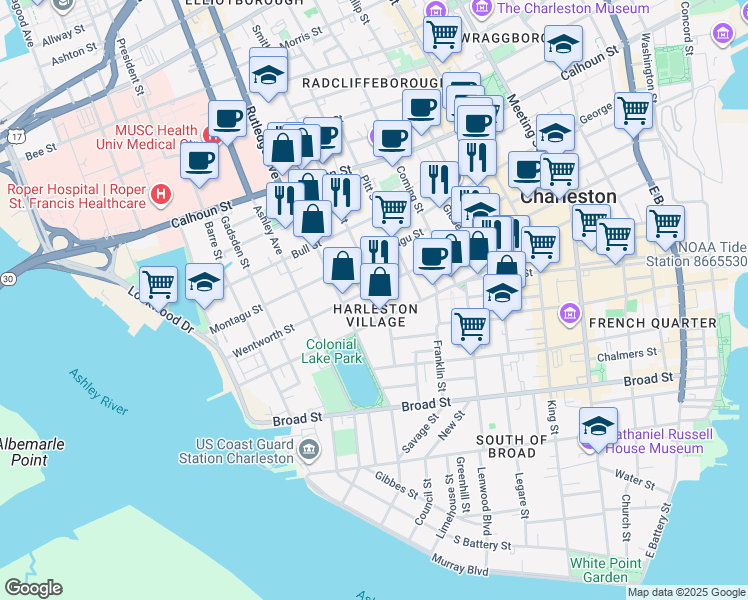 map of restaurants, bars, coffee shops, grocery stores, and more near 41 Smith Street in Charleston