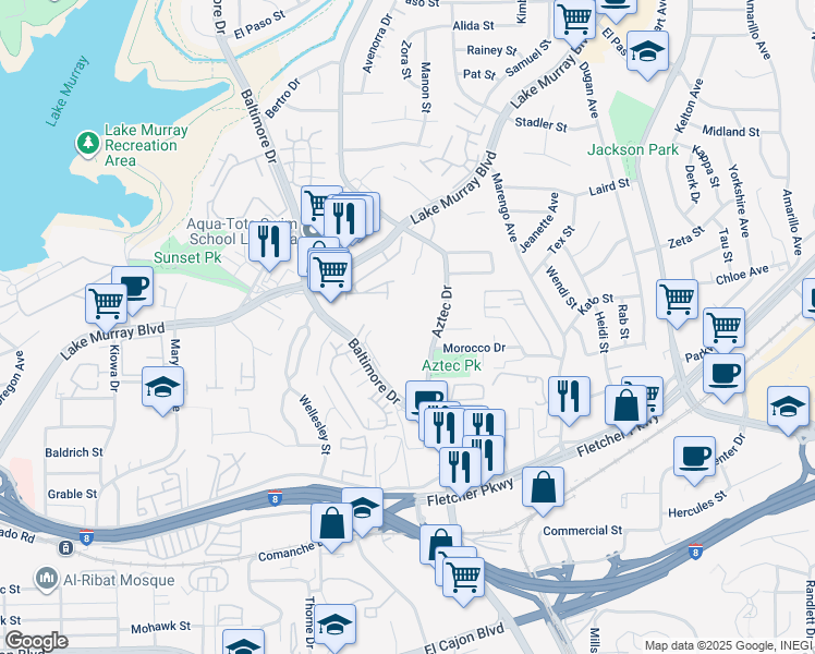 map of restaurants, bars, coffee shops, grocery stores, and more near 5401 Baltimore Drive in La Mesa