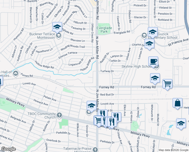 map of restaurants, bars, coffee shops, grocery stores, and more near 4726 Coyote Trail in Dallas