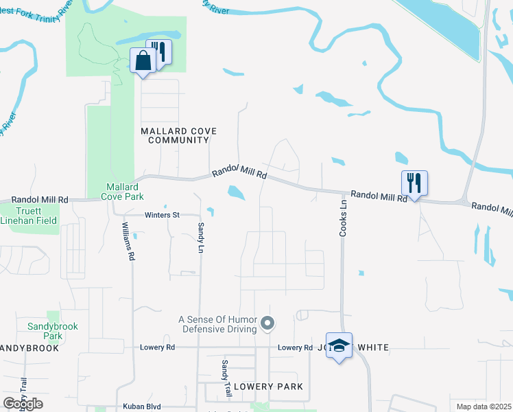 map of restaurants, bars, coffee shops, grocery stores, and more near 204 Ridgeland Oak Drive in Fort Worth