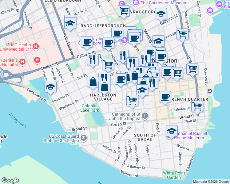 map of restaurants, bars, coffee shops, grocery stores, and more near 75C Beaufain Street in Charleston