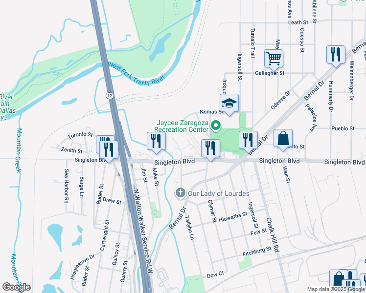 map of restaurants, bars, coffee shops, grocery stores, and more near 5519 Pueblo Street in Dallas