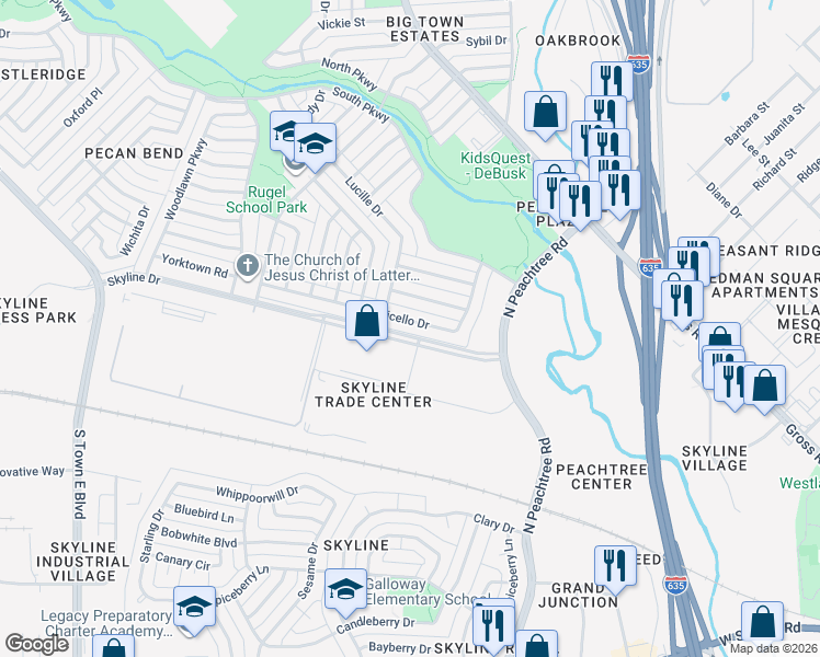 map of restaurants, bars, coffee shops, grocery stores, and more near 2300 Monticello Drive in Mesquite