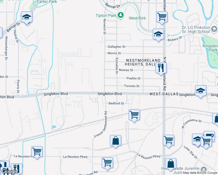 map of restaurants, bars, coffee shops, grocery stores, and more near 3722 Toronto St in Dallas