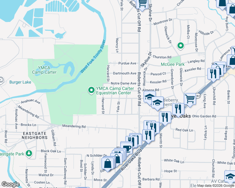 map of restaurants, bars, coffee shops, grocery stores, and more near 1205 Yale Street in River Oaks