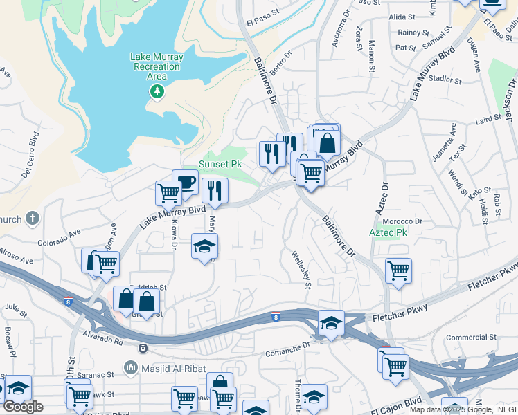 map of restaurants, bars, coffee shops, grocery stores, and more near in La Mesa