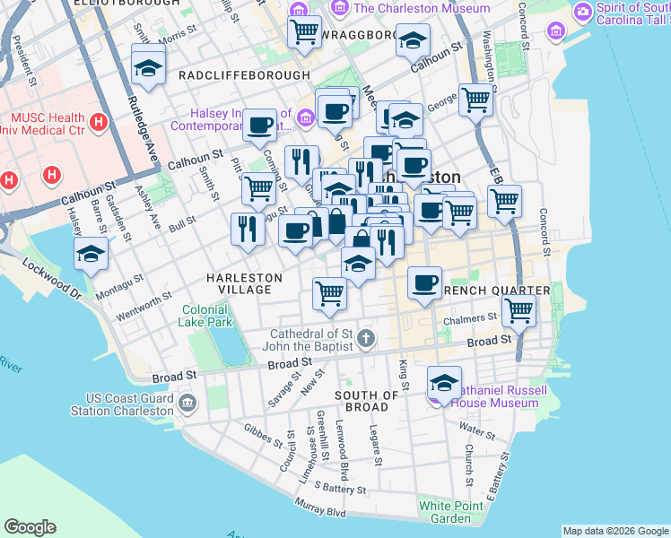 map of restaurants, bars, coffee shops, grocery stores, and more near 129 Logan Street in Charleston