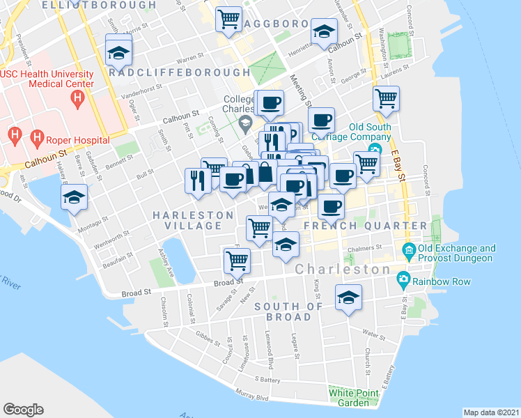 map of restaurants, bars, coffee shops, grocery stores, and more near 129 Logan Street in Charleston