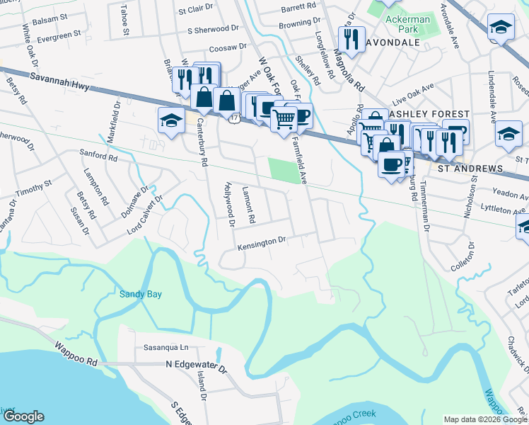 map of restaurants, bars, coffee shops, grocery stores, and more near 312 Lamont Road in Charleston