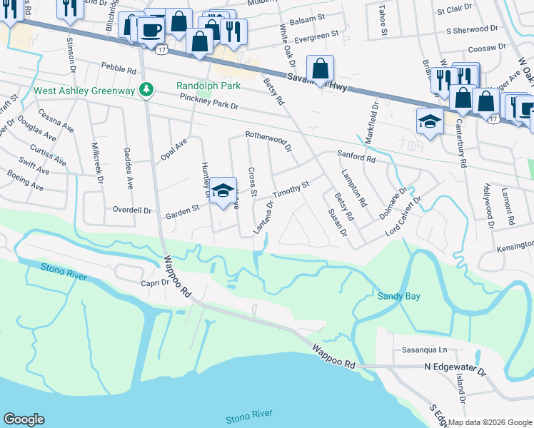 map of restaurants, bars, coffee shops, grocery stores, and more near 343 Lantana Drive in Charleston