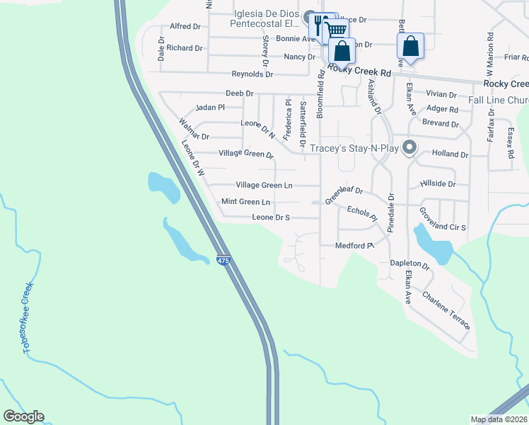map of restaurants, bars, coffee shops, grocery stores, and more near 5984 Village Green Drive in Macon