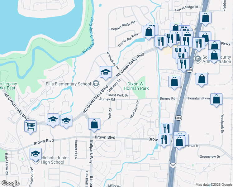 map of restaurants, bars, coffee shops, grocery stores, and more near 2307 Crest Park Drive in Arlington