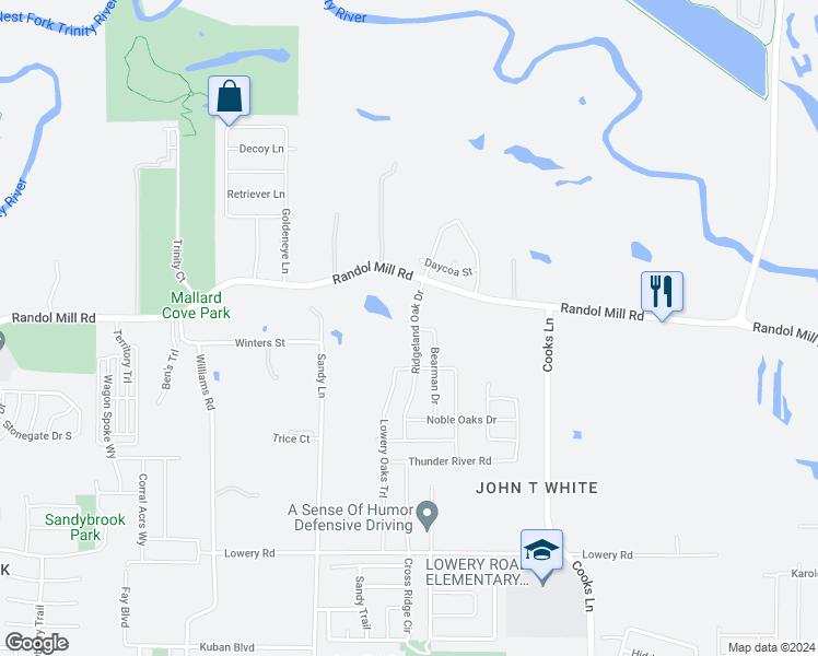 map of restaurants, bars, coffee shops, grocery stores, and more near 204 Ridgeland Oak Drive in Fort Worth