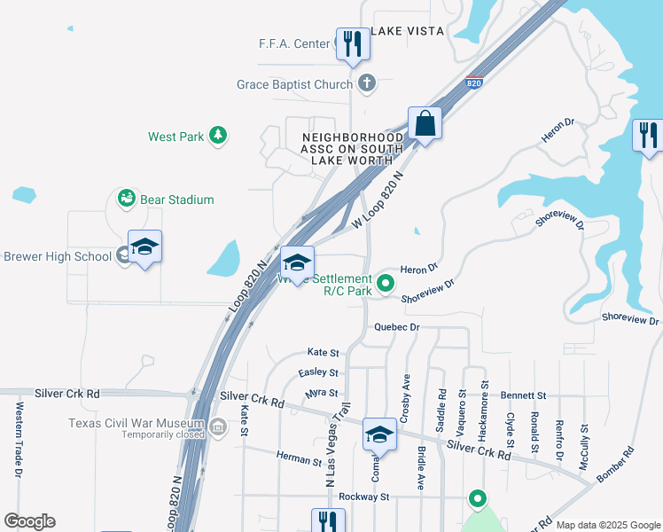 map of restaurants, bars, coffee shops, grocery stores, and more near 1300 Jim Wright Freeway in White Settlement