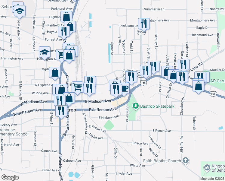 map of restaurants, bars, coffee shops, grocery stores, and more near Freeland St in Bastrop