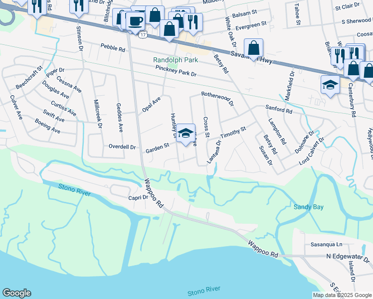 map of restaurants, bars, coffee shops, grocery stores, and more near 1699 Garden Street in Charleston