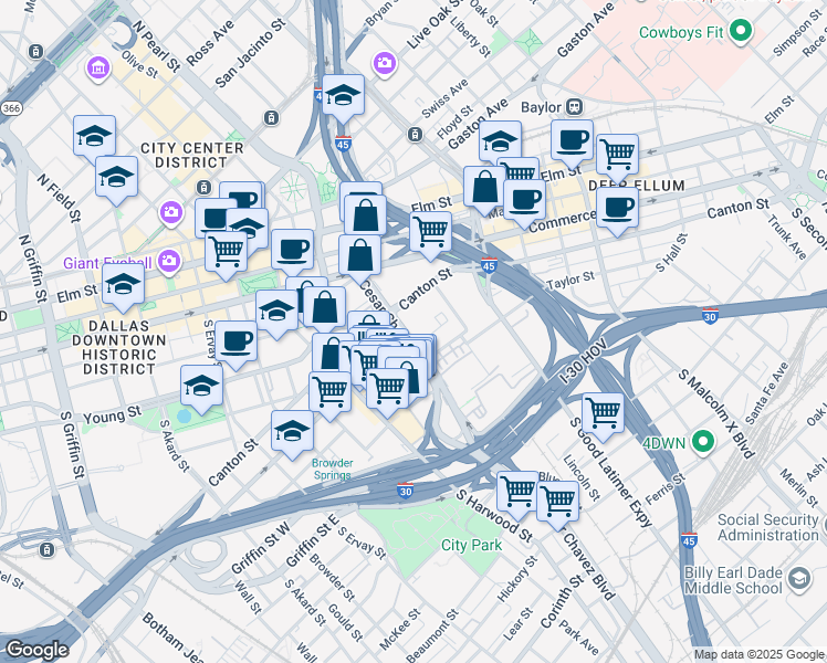 map of restaurants, bars, coffee shops, grocery stores, and more near 510 S Central Expy in Dallas