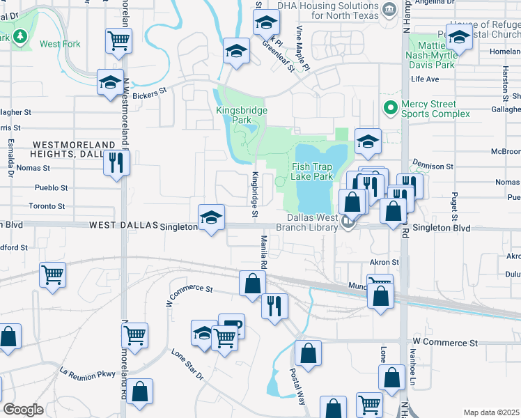 map of restaurants, bars, coffee shops, grocery stores, and more near 13 Toronto Street in Dallas