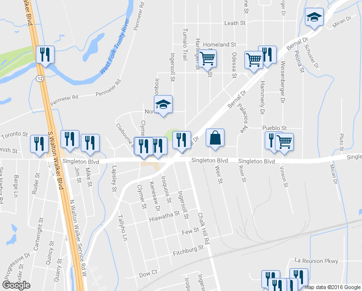map of restaurants, bars, coffee shops, grocery stores, and more near 5105 Bernal Drive in Dallas