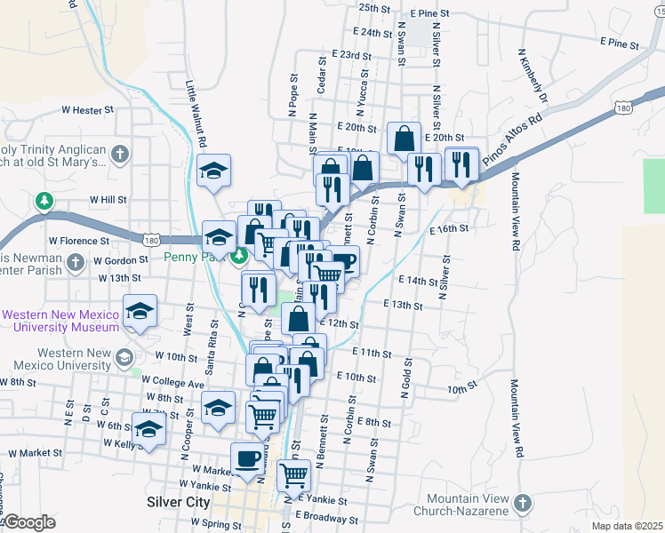 map of restaurants, bars, coffee shops, grocery stores, and more near 310 East 14th Street in Silver City