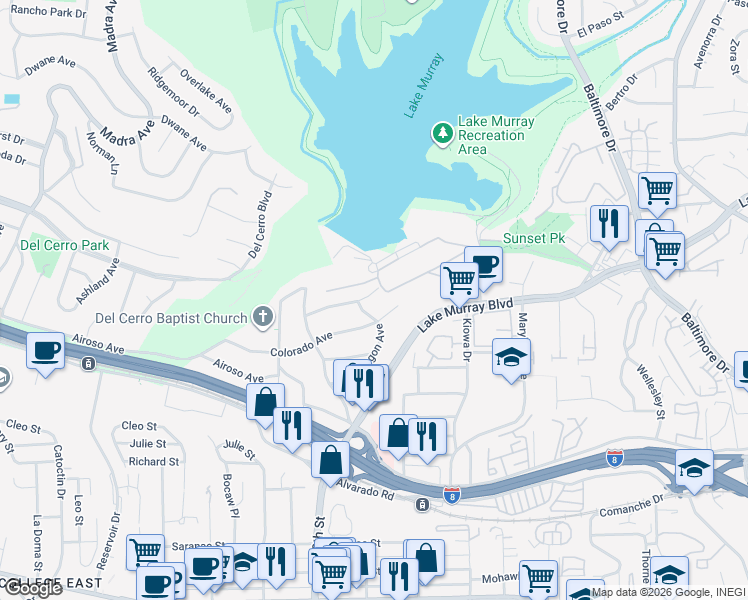 map of restaurants, bars, coffee shops, grocery stores, and more near 7009 Wyoming Avenue in La Mesa