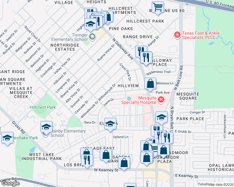 map of restaurants, bars, coffee shops, grocery stores, and more near 508 Crest Hill Drive in Mesquite