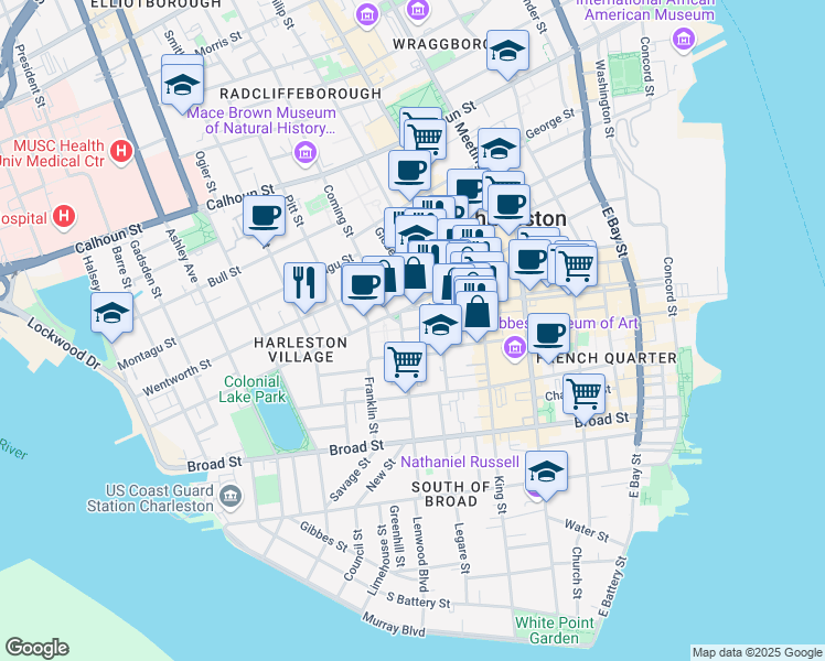map of restaurants, bars, coffee shops, grocery stores, and more near 129 Logan Street in Charleston