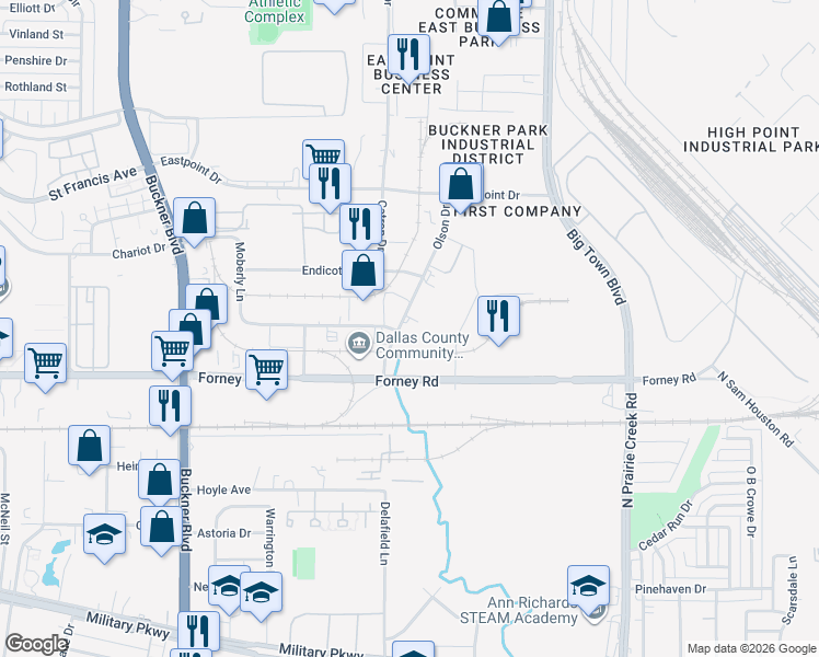 map of restaurants, bars, coffee shops, grocery stores, and more near 4854 Olson Drive in Dallas