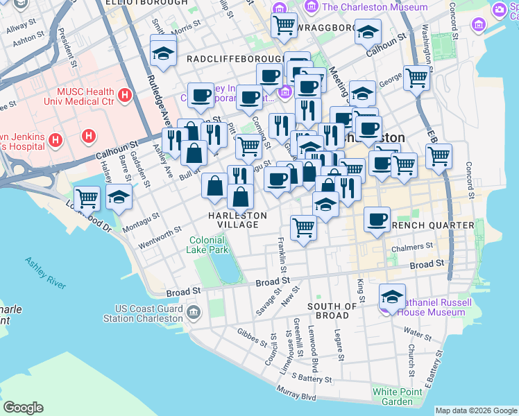 map of restaurants, bars, coffee shops, grocery stores, and more near 92 Beaufain Street in Charleston