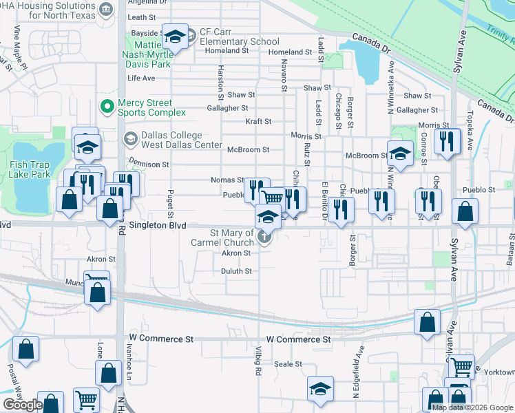 map of restaurants, bars, coffee shops, grocery stores, and more near 1727 Toronto Street in Dallas